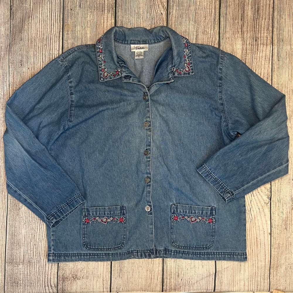 VTG 90s Teddi Denim Button Up Jacket Embroidered Collar Pockets Blue Womens XL